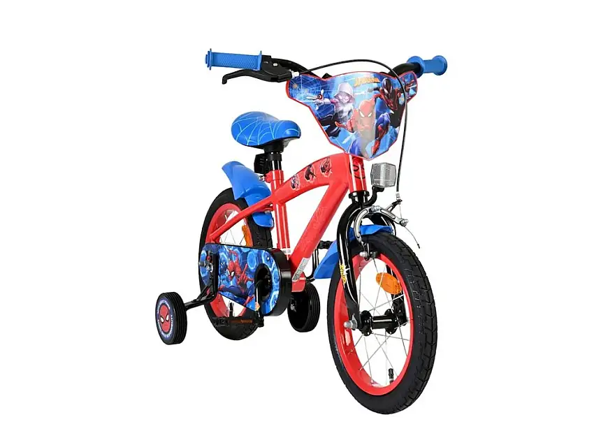 Volare Spiderman barncykel 14'' med stödhjul blå/röd