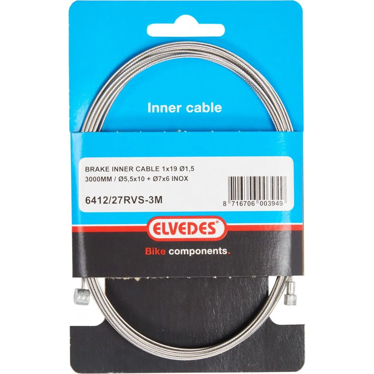 Bromsvajer 1x19 trådar i rostfritt stål ø1,5mm v-head ø5,5x10 och t-nippel Elvedes