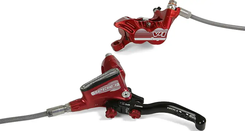 Skivbroms Hope Tech 3 V4 bak no rotor L/H braided röd