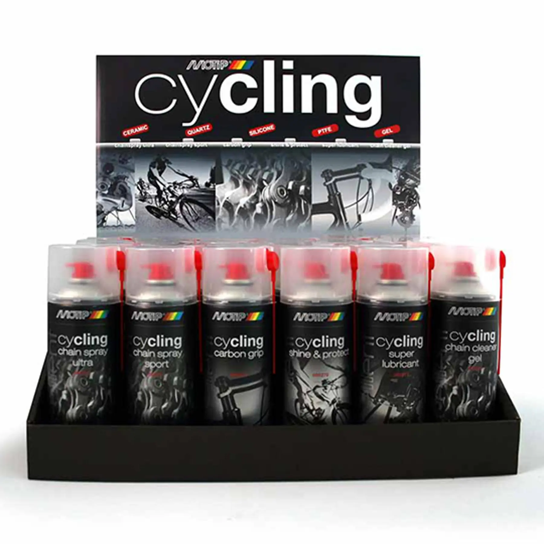 Silicon/kolfiber quarzt gel och keramik cykelkedjeolja aerosol Motip (x24)