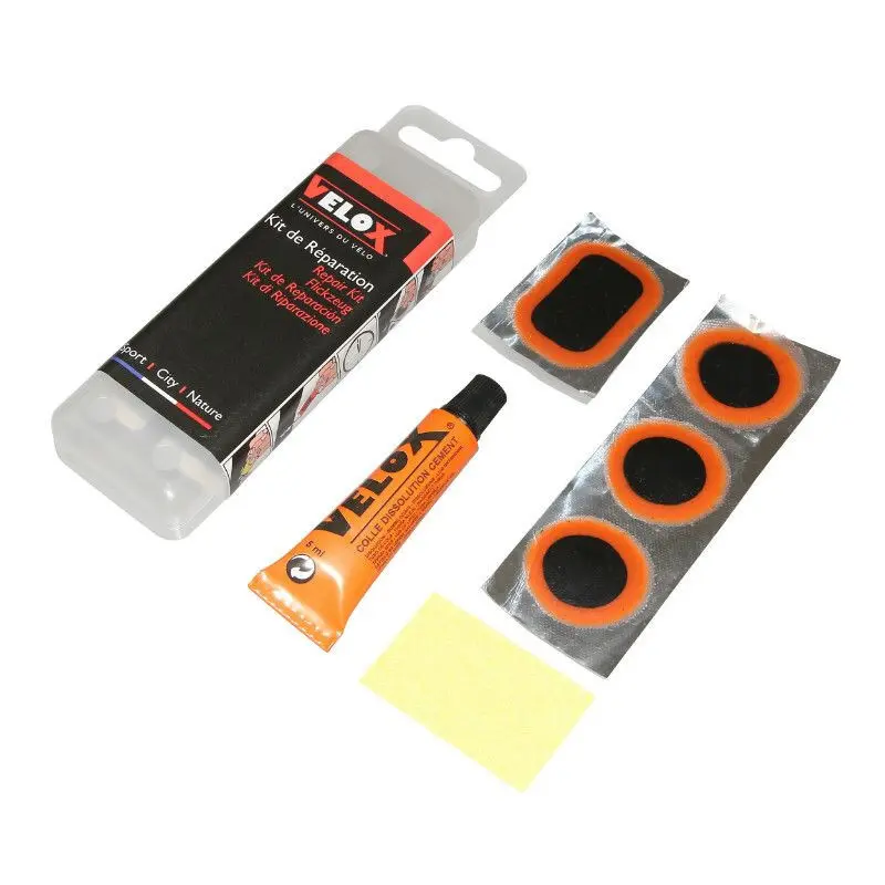 Reparationssats för MTB-rör - låda med 8 lappar 25 mm + 2 lappar 35x25 mm + 1 pacth 50x30 mm + 5 g lim + stålrasp med instruktioner Velox