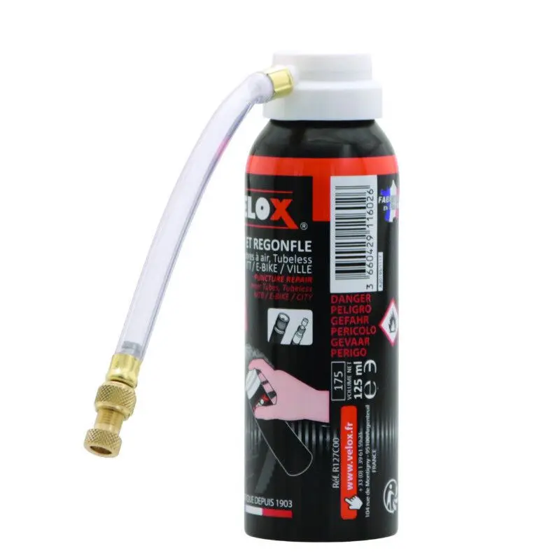 vae-e-bike-vtt anti-punkteringsspray för luft- och slanglösa slangar Velox Presta Schrader 125 ml