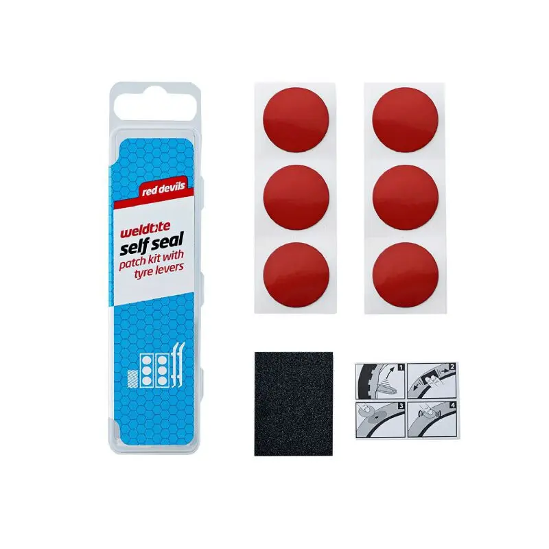 Red Devils reparationssats för innerrör med röda självhäftande plåster - låda med 6 självhäftande plåster 25 mm + pimpsten med instruktioner Weldtite